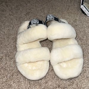 White fluffy ugg slides